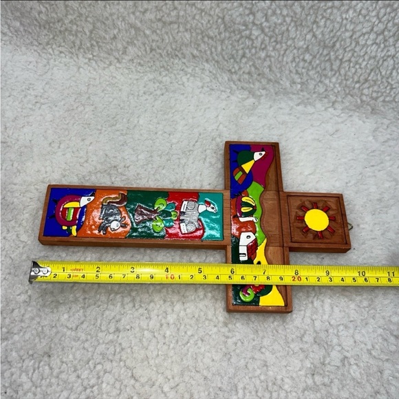 Wooden Cross with whimsical colorful animals tree butterfly sun 10" - Picture 7 of 12